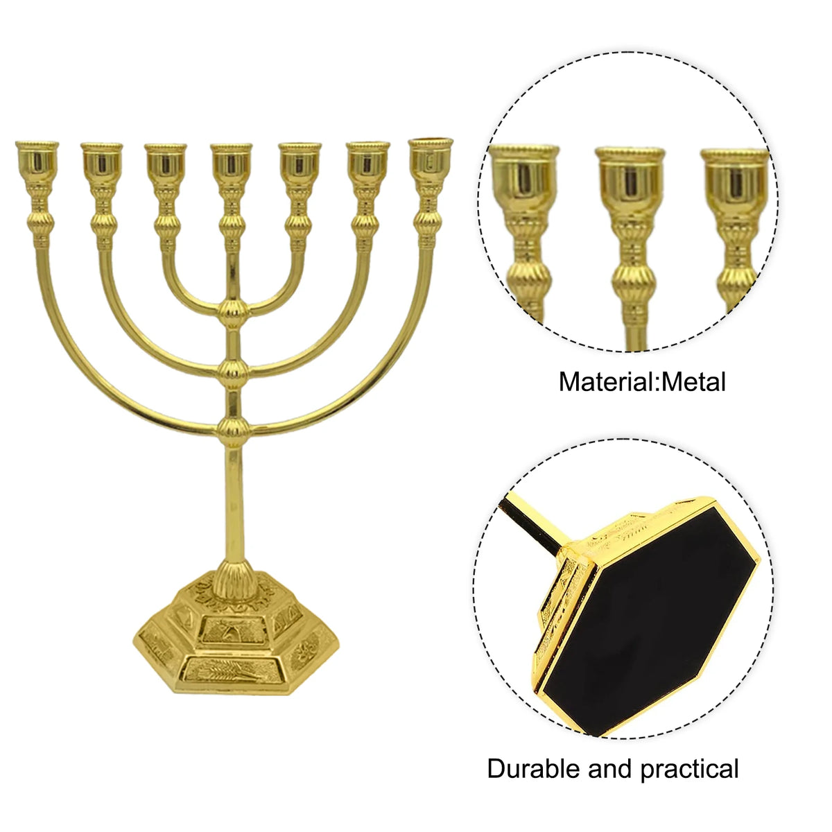 Menorá de 7 Braços – Estilo Templo de Jerusalém e 12 Tribos de Israel – Altura de 6,68/5,11 polegadas – Suporte de Vela Estilo Antigo para Hanukkah