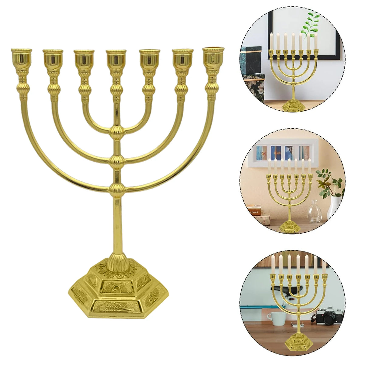 Menorá de 7 Braços – Estilo Templo de Jerusalém e 12 Tribos de Israel – Altura de 6,68/5,11 polegadas – Suporte de Vela Estilo Antigo para Hanukkah